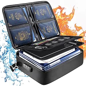 BALEINE Fireproof Document Bag with Lock, Portable Waterproof Fire Proof File Organizer Box, File Storage Bag Safe Box for Important Paperwork (Black)