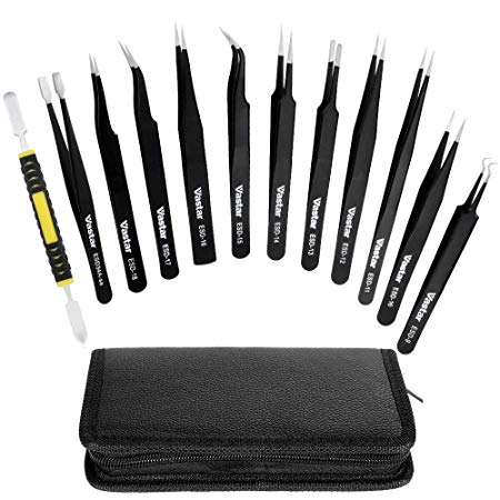 Vastar Precision Tweezers, 12 Pieces Anti-static ESD Tweezers Kit with 11 Precision Non-magnetic Stainless Steel Tweezers in Canvas Bag