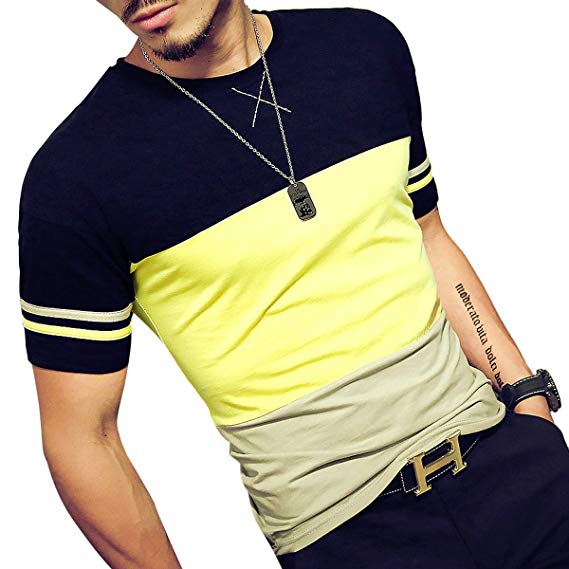 LOGEEYAR Mens Cotton Fitted Short-Sleeve Contrast Color Stitching T-Shirt (Yellow XL)