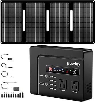 Powkey 200W Portable Power Station with Solar Panel, 40W Foldable Solar Panel with 146Wh AC Power Bank, High Eifficiency Waterproof Solar Panel Kit with Battery Bank for Outdoor Camping Home Backup