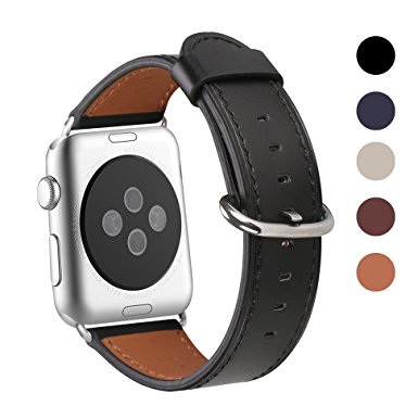 Apple Watch Band 42mm, WFEAGL Retro Top Grain Crazy Horse Leather Band Replacement Strap with Stainless Steel Clasp for iWatch Series 2,Series 1,Sport, Edition (Black Band Silver Buckle)