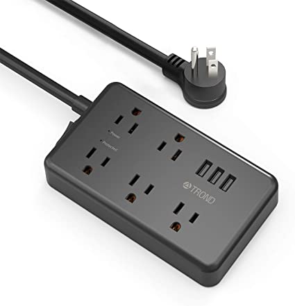 TROND Surge Protector Power Bar With USB, 5 Widely-Spaced Outlets and 3 USB Ports, Flat Plug Power Strip, 1300 Joules Surge Protection, 4ft Extension Cord, Compact Desk Computer, Suitable For Home, Office, Dormitory, Black