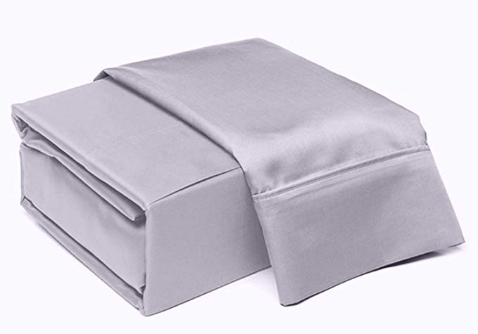 SGI bedding Egyptian Cotton King Size Sheets Super Soft 4 Piece Sheet Set Light Gray Solid