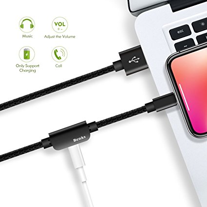 iPhone 7 8 Plus X 10 Lightning Adapter Cable with Audio and Charging [Support iOS 11] Benks Dual Lightning Headphone Splitter Adapter (Support Music/ Charge/ Phone Call/ Remote/ Sync) (Black, 3.9ft)