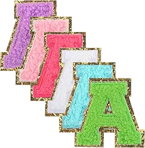 6 Pcs Self Adhesive Chenille Letter Patches,2 inch Iron on Patches Glitter Varsity Letter Patches Glitter Fuzzy Letters for Clothing Hat Shirt Bag Laptop Phone Case (Mixed Color, A)