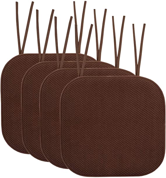 Sweet Home Collection Chair Cushion Memory Foam Pads with Ties Honeycomb Pattern Slip Non Skid Rubber Back Rounded Square 16" x 16" Seat Cover, 4 Pack, Chocolate Brown 4 Count