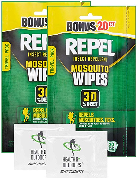 Repel 94100 Sportsmen 30-Percent Deet Mosquito Repellent Wipes, 2 Packs of 20 Count - 40 Total!