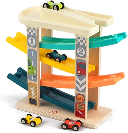 TOP BRIGHT Car Race Toy for Toddlers, Race Track Game Toy Vehicle Sets with 4 Wooden Cars, 1 Parking Garage and 4 Car Ramps for Boy & Girl