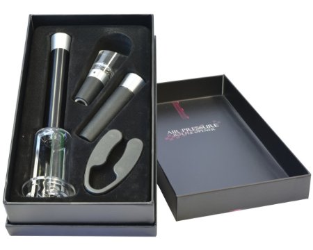 Vina® Wine Accessory Gift Set 4-in-1, Air Pressure Corkscrew, Foil Cutter, Wine Pourer, Vacuum Stopper, Silver