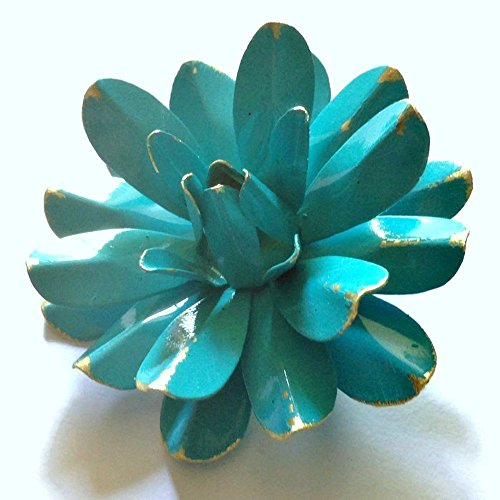 60s Style Bright Aqua Blue Painted Enamel Flower Brooch Antiqued Water Lily