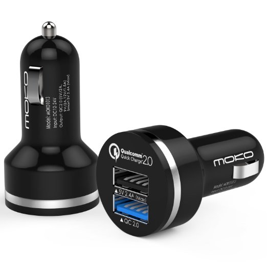 MoKo 30W 2-Port Quick Charge 20 Technology Car Charger Smart USB Power Adapter Fast Dual Port Car Charger With Auto Detect Technology for Android Devices Samsung Galaxy S7 S7 Edge and More BLACK