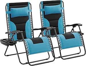 Yaheetech 29in Full Padded Zero Gravity Chair Oversized Outdoor Patio Folding Lounger Adjustable Portable Anti Gravity Recliner w/Carry Strap, Side Cup Tray, Pillow for Beach Yard Lawn Black/Aqua/2