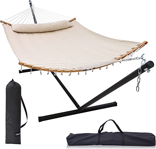 Double Hammock with Stand Included: Ohuhu 55x75 Inch 2 Person Hammock 12.3 FT Steel Stand, Patio Portable Large Hammocks with Pillow Bamboo Curved Bar Carrying Bags for Indoor Outdoor, 450 LB Capacity