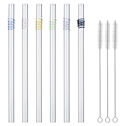 GINOVO 8" x 10mm Glass Drinking Straws , Sipping Springs Premium Clear Handmade,Reusable Straight Straws ,Set of 6 with 3 Cleaning Brushes