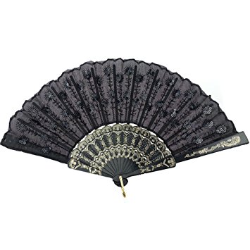 InnoLife174; Elegant Embroidered Flower Peacock Pattern Sequin Fabric Folding Handheld Hand Fan Hand-crafted (Black)