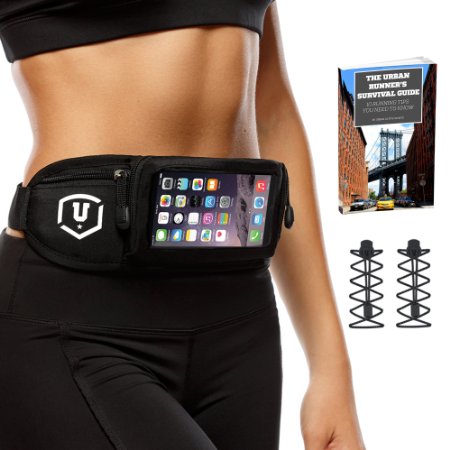 Running Belt - Touchscreen Compatible Complete Bundle Elastic Laces PLUS Urban Runner's Survival Guide Ebook - For Any SmartPhone - iPhone 6 /6S / SE Samsung Note Galaxy For Waist Size Extra Small To Large Perfect For Running, Fitness & Travel
