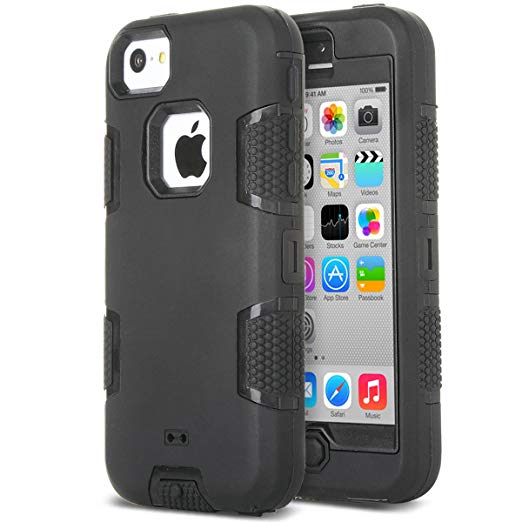 ULAK iPhone 5c Case, 3in1 Combo Hybrid Hard Rigid PC   Soft Silicone Protective Case Cover for Apple iPhone 5C with Clear Screen Protector (Black   Black)