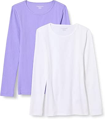 Amazon Essentials Women's Slim-Fit Long Sleeve Rib Knit Crew Neck Top (Available in Plus Size), Pack of 2