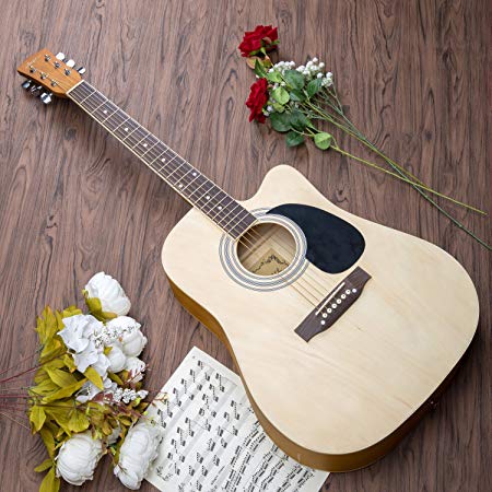 Artall 41 Inch Handmade Solid Wood Acoustic Cutaway Guitar Beginner Kit with Tuner, Strings, Picks, Strap, Matte Natural