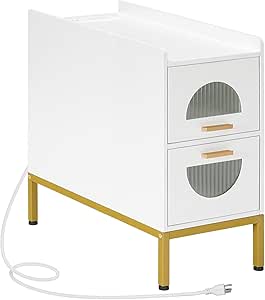 HOOBRO Narrow Side Table with Charging Station, Mid Century Slim Nightstand for Small Spaces, End Table with 2 Drawers, Modern Style Bedside Table, for Home, Living Room, White and Gold DW48UBZ01