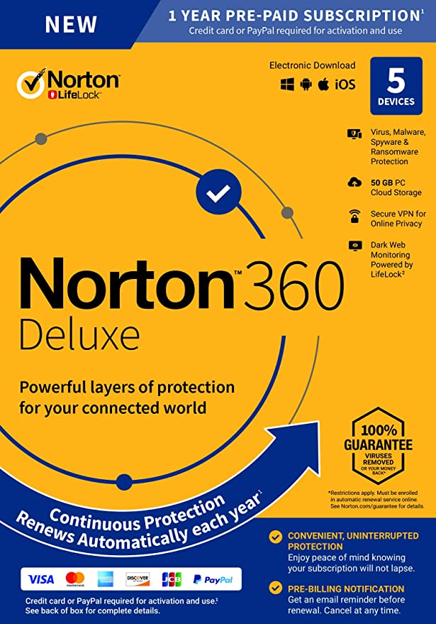 2020 Newest Norton 360 Deluxe – Antivirus Software Key Card for 5 Device with Auto Renewal - Includes VPN, PC Cloud Backup and Dark Web Monitoring powered by LifeLock