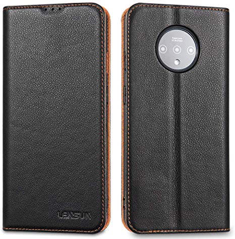 LENSUN Oneplus 7T Leather Case, Flip Genuine Leather Phone Case Wallet Cover with Magnetic Closure for Oneplus 7T – Black (I7T-DC-BK)