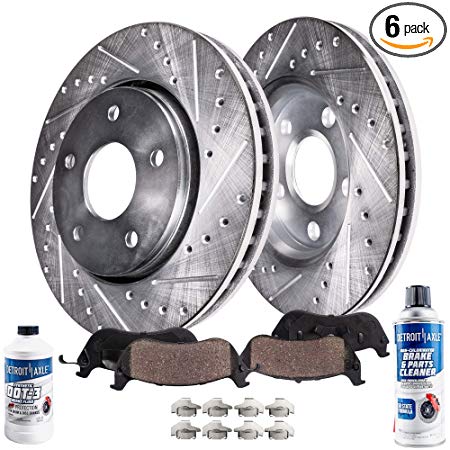 Detroit Axle - Pair (2) Front Drilled & Slotted Disc Brake Kit Rotors w/Ceramic Pads w/Hardware & Brake Kit Cleaner & Fluid for 2011 2012 2013 2014 2015 Chevy Camaro SS 6.2L