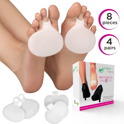 Metatarsalgia pain relief pads (8pieces). 4 pairs of metatarsal inserts and ball of foot gel cushions. Relieves pain from Morton's Neuroma. Provides support for forefoot - suitable for working, running etc.