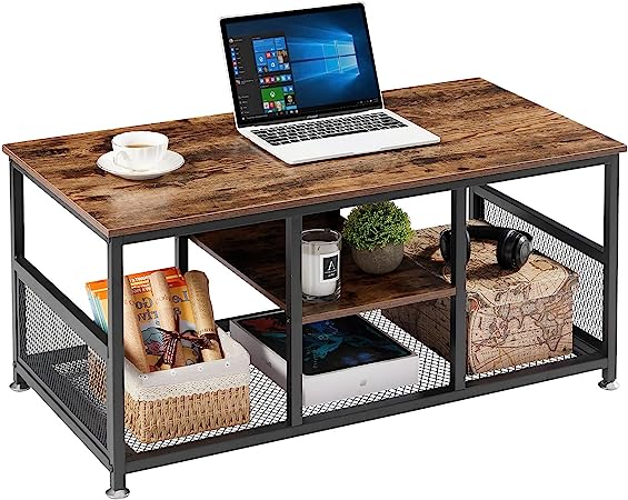 VECELO Coffee Center Table with Storage for Living Room Office Reception, Modern & Industrial Mesh Shelf, 39.4 Inch, Rustic Brown