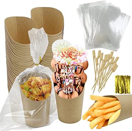 Augoog 50Pcs 14 oz Charcuterie Cups,Disposable French Fries Holder with 100 Pcs Cocktail Picks 100Pcs OPP Bags 100Pcs Ties,Kraft Snack Cups Paper Container for Party Birthday Wedding