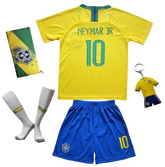 KID BOX Brazil #10 Neymar JR. Kids Home Soccer Jersey & Shorts Socks Set Youth Sizes