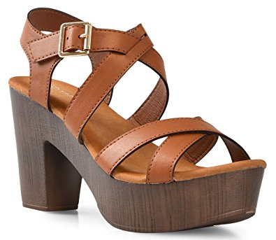 LUSTHAVE Women's Open Toe Strappy Buckle Platform Wooden Finish Heel Sandals Soft Cushioned Cut Out Shoes by