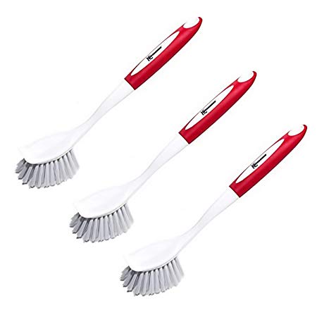 Spogears Dish Brush 3 Pack - Dish Scrubber Brush With Built-in Scraper - Set of 3 Kitchen Brushes for Dishes - Kitchen Scrub Brush with Grip Friendly Handle - Dish Cleaning Brush