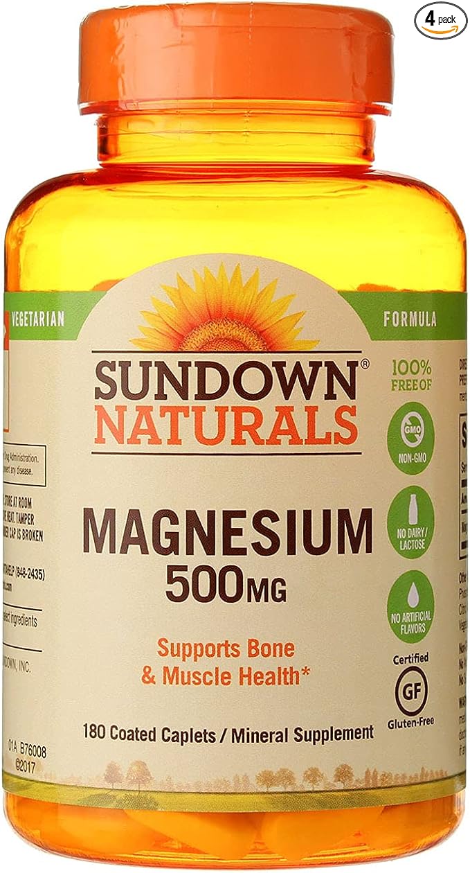 Sundown Naturals Magnesium 500 mg Coated Caplets/Mineral Supplement - 180 ct, Pack of 4