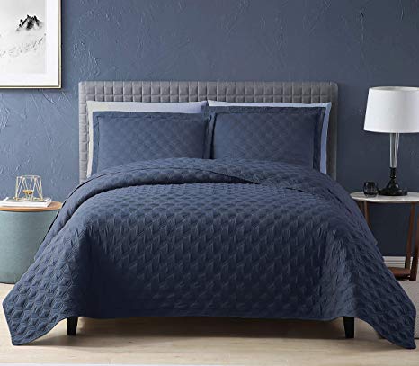 EXQ Home Quilt Set Twin Size Navy 2 Piece,Lightweight Hypoallergenic Microfiber Coverlet Modern Style Onion Flower Pattern Bedspread Set