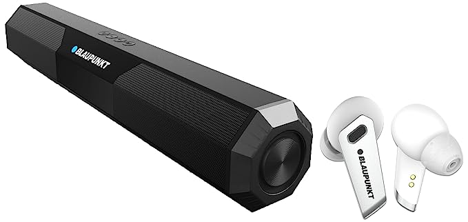 Blaupunkt Newly Launched BTW300 BASS Buds Truly Wireless Bluetooth & SBA20 16W Bluetooth Soundbar for TV with Bluetooth/SD Card/Aux, Mini Sound/Audio System for TV Speakers