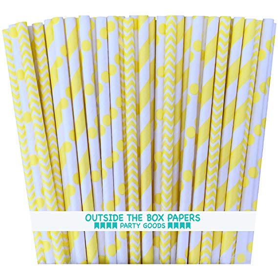 Outside the Box Papers Yellow Stripe, Chevron and Polka Dot Paper Straws-7.75 Inches-Pack of 75