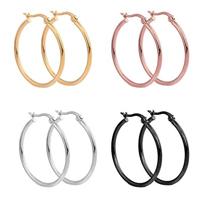 Paxuan Mens Womens 4 Pairs Surgical Stainless Steel Hypoallergenic Round Hoop Earrings Set 30MM