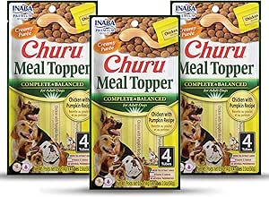 INABA Churu Meal Topper for Dogs, Complete & Balanced, Creamy, Lickable Purée Dog Food Toppers, 1.69 Ounce Tube, 9 Tubes (3 per Pack), Chicken with Pumpkin Recipe