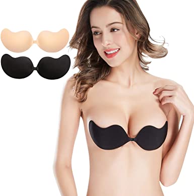 Adhesive Bra,Strapless Bras 2 Pairs Invisible Lift Up Bra Stick On Backless Bra Breast Lift Tape Nipple Covers Reusable Sticky Bras for Women,Black and Beige (M)