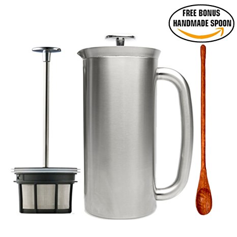 Espro Press Stainless Steel Coffee Press (6-8 cups, 32 oz) Bundle with Wooden Spoon, Double Wall, Vacuum Insulated, Brushed