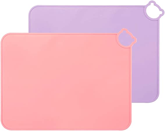 ME.FAN Silicone Placemats for Kids Baby Toddlers Non-Slip | Tablemats Stain Resistant Anti-Skid Reusable Dishwasher Safe Table Mats | Portable Food Mat Travel Set of 2 Pink/Purple