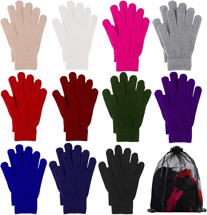 Cooraby 12 Pairs Winter Magic Gloves Stretchy Warm Knit Gloves with Mesh Storage Bag for Men or Women