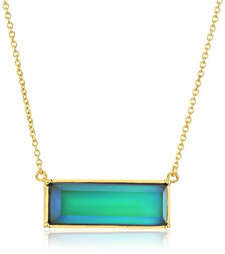 Color Changing 18k Yellow Gold Plated Bronze Rectangular Thermochromic Liquid Crystal and Created White Crystal Modern Mood Necklace, 16 2" Extender
