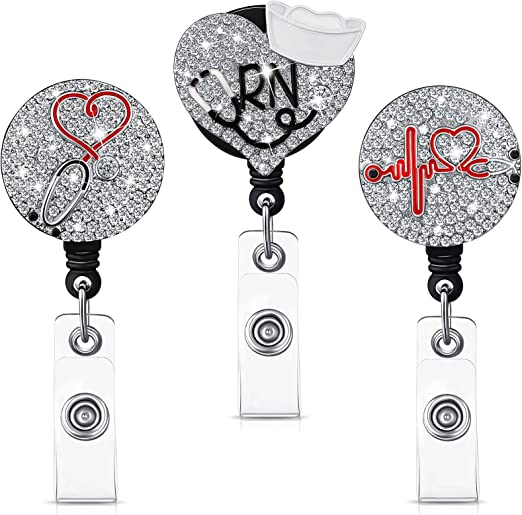 3 Pieces Nurse Badge Reel Retractable Nursing Badge Holder Bling Rhinestone ID Badge Holder with Clip Diamond Heart Badge Clip for School Hospital Nurse Doctor, Nursing Graduation Present (Silver)