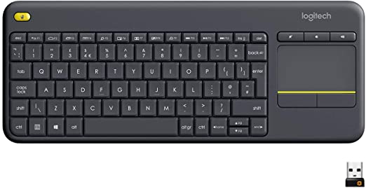 Logitech K400 Plus Wireless Livingroom Keyboard with Touchpad for Home Theatre PC Connected to TV, Customizable Multi-Media Keys, Windows, Android, Laptop/Tablet, QWERTY UK Layout - Black