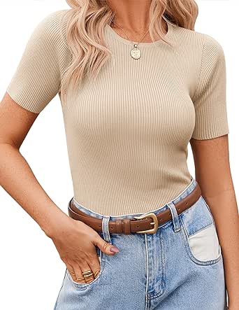 Zeagoo Women's Short Sleeve Basic Slim Fit Tops Crewneck Ribbed Knit T Shirt Cute Summer Outfits