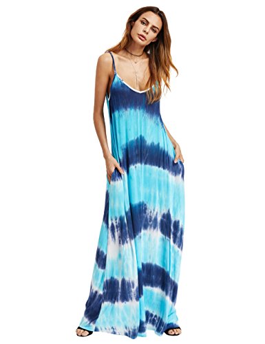 ROMWE Women's Tie Dye Sleeveless Spaghetti Strap Boho Long Maxi Dresses