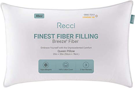 RECCI Breeze Adjustable Down Alternative Hypoallergenic Pillows for Sleeping, Queen Pillow, 100% Cotton Cover, Premium Quality Plush Gel Fiber Filled Pillow [ 20x30x7.5 inch ] OEKOTEX