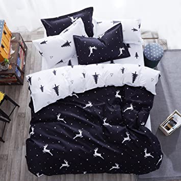 Mengersi Christmas Deer Bedding Pillowcase Duvet Cover Set with Zipper (King, White Deer)